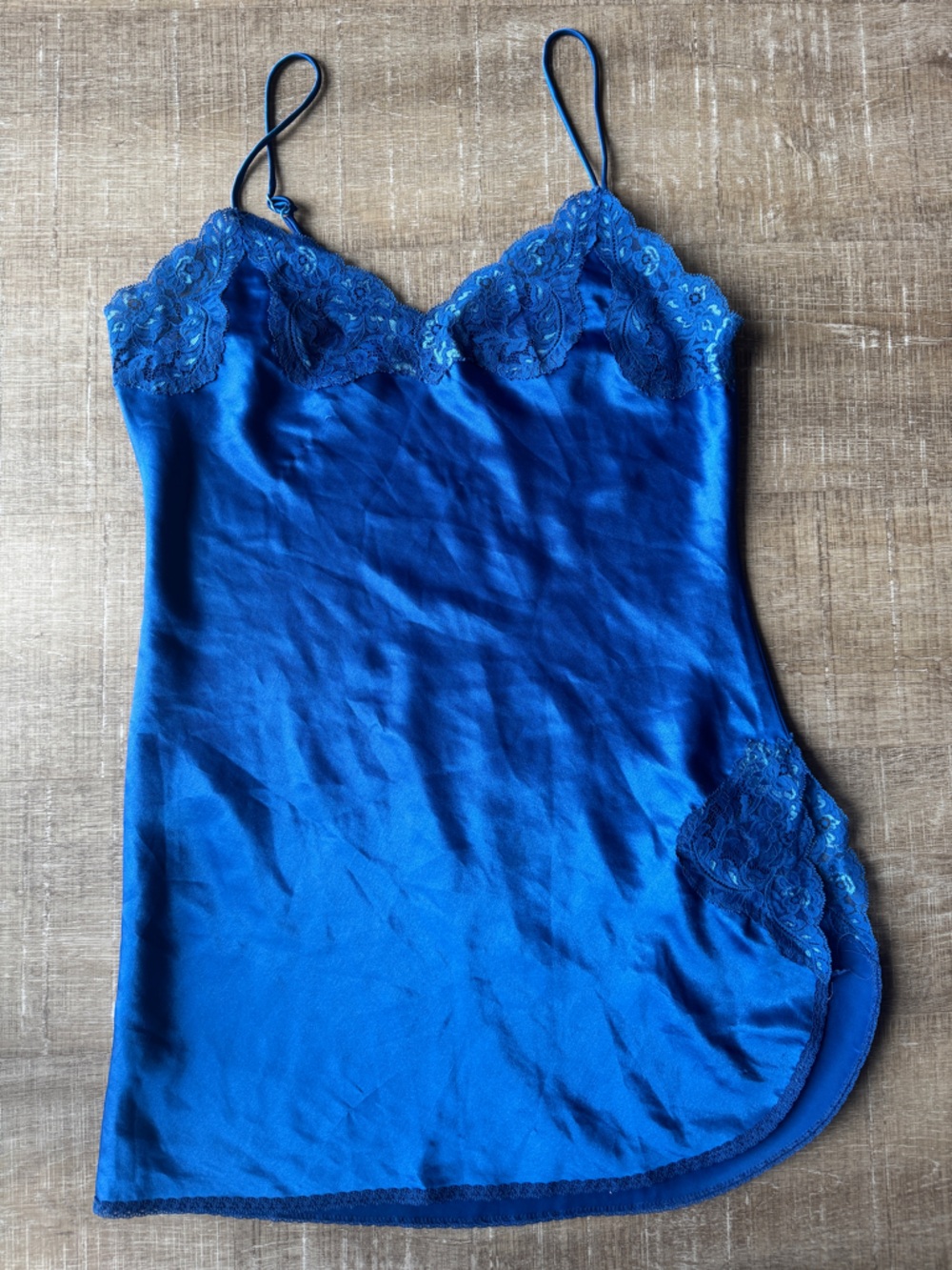 Royal Blue Lace-Trim Satin Slip Chemise